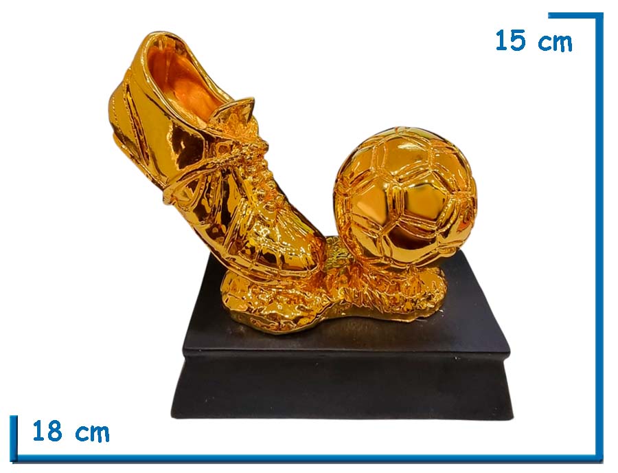 TROFEO MEJOR GOL BOTIN Y PELOTA PEDESTAL NEGRO 15CM