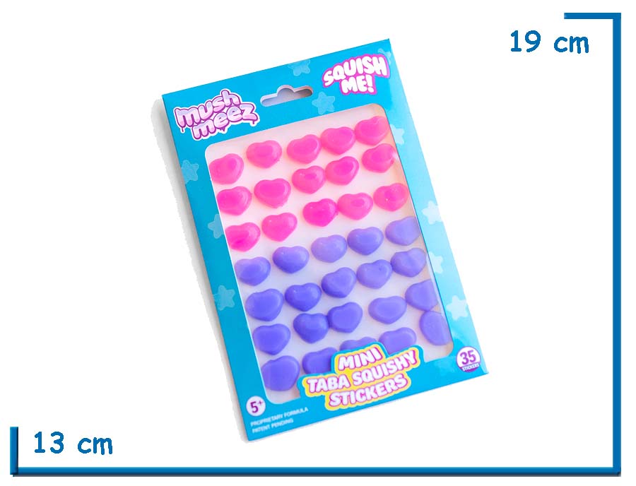 MUSHMEEZ MINI TABA SQUISHIES CORAZONES ROSA Y VIOLTEA STICKERS