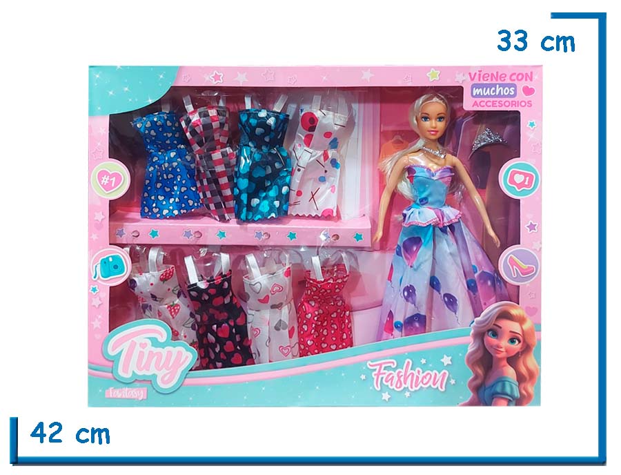TINY FANTASY MUÑECA VESTIDO CELESTE GLOBOS CON 8 CAMBIOS DE ROPA