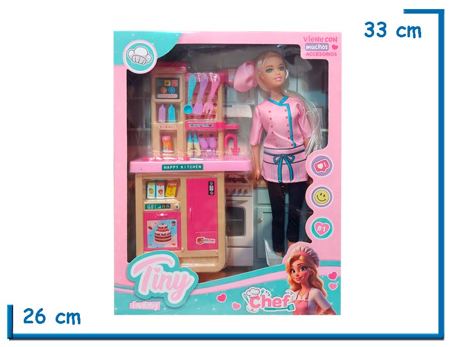 TINY FANTASY MUÑECA COCINERA DELANTAL ROSA CON COCINA