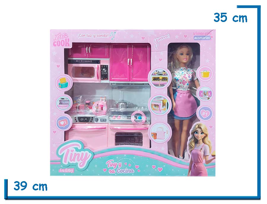 TINY FANTASY MUÑECA VESTIDO FLOREADO CON COCINA COMPLETA
