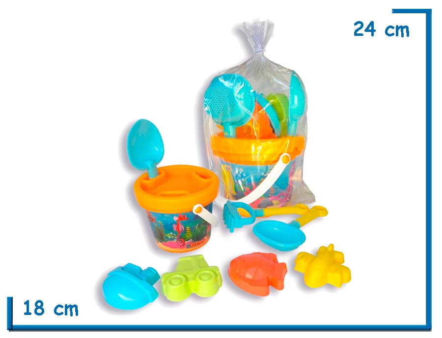 BOLSO BALDE MEDIANO PALITA RASTRILLO COLADOR Y 4 MOLDES