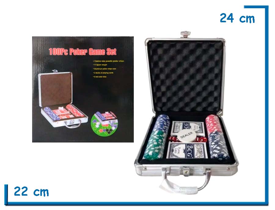 100PC POKER GAME SET VALIJA CON FICHAS CARTAS Y DADOS