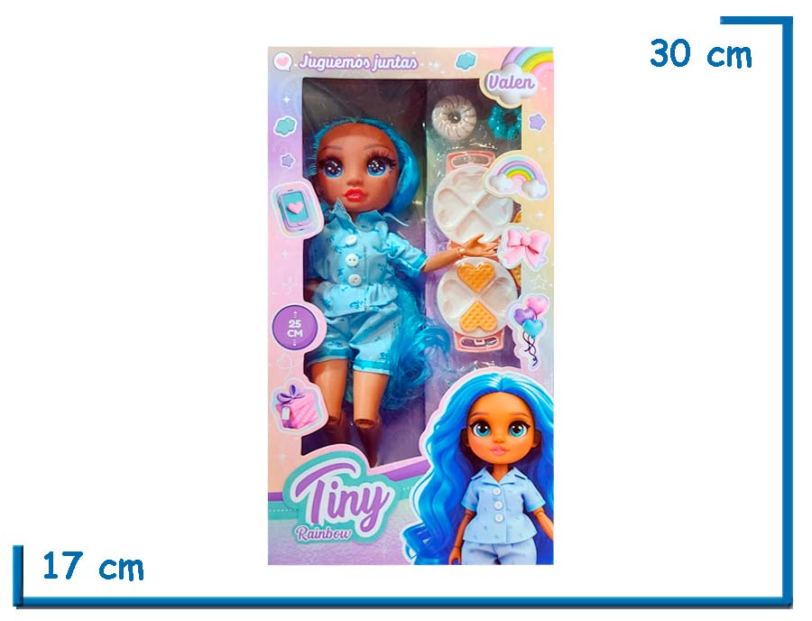 TINY RAINBOW MUÑECA CON PIJAMA CELESTE Y ACCESORIOS 25CM