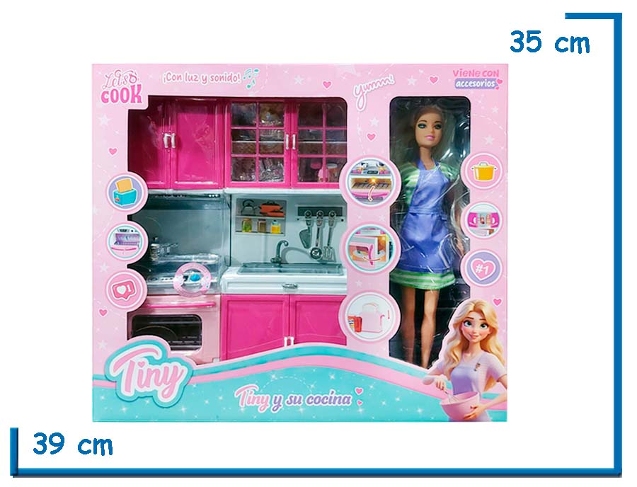 TINY Y SU COCINA MUÑECA VESTIDO RALLADO CON COCINA COMPLETA