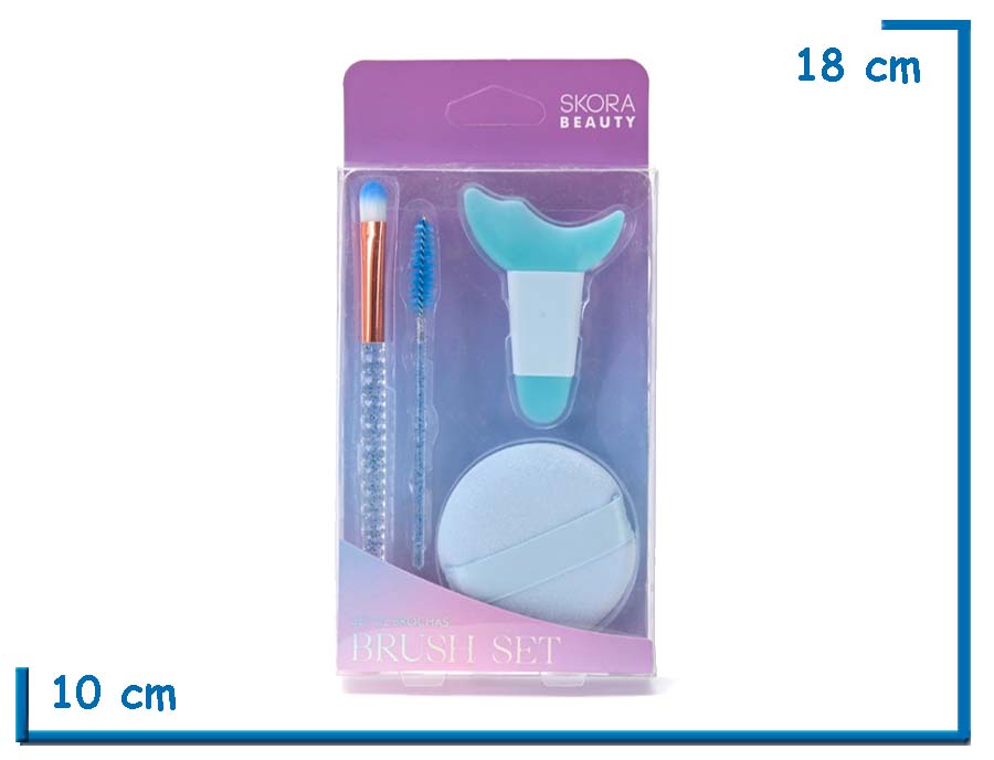 SKORA BEAUTY SET DE BLENDER CELESTE BROCHA STENCIL Y CEPILLO DE CEJAS