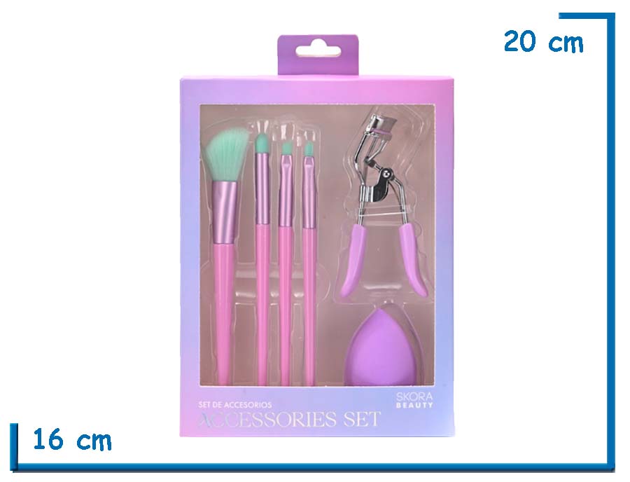 SKORA BEAUTY SET DE MAQUILLAJE LILA 6U BROCHAS ARQUEADOR Y BLENDER
