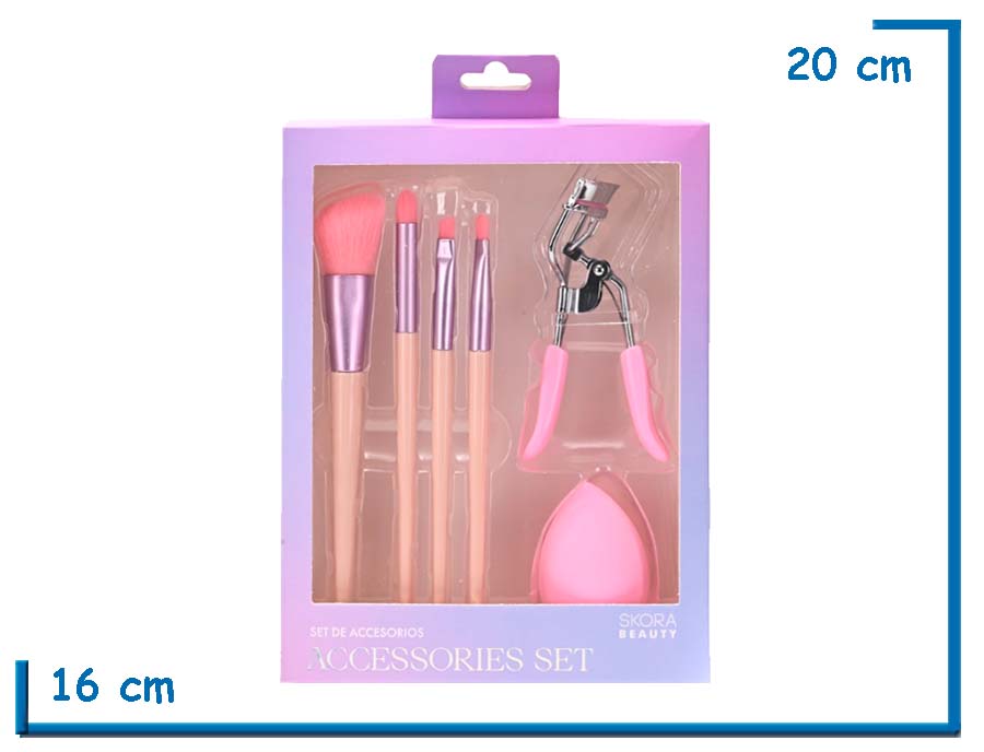 SKORA BEAUTY SET DE MAQUILLAJE ROSA 6U BROCHAS ARQUEADOR Y BLENDER