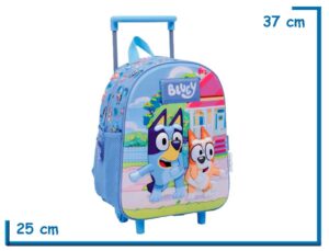 MOCHILA CARRO 12” BLUEY CELESTE BLUEY Y BINGO BAILANDO RELIEVE