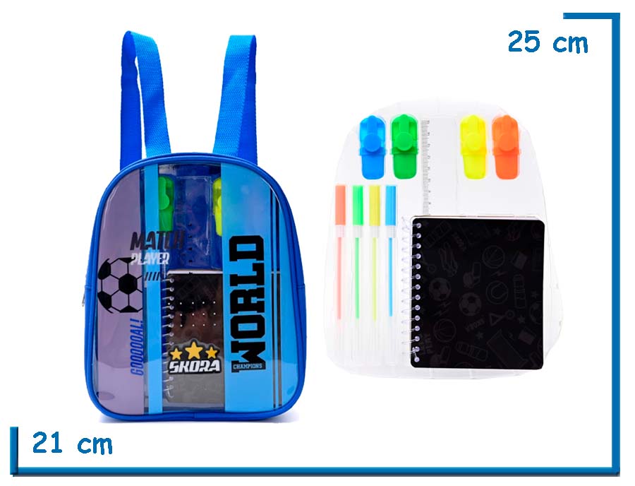 MOCHILA ESPALDA SKORA FUTBOL CON SET LIBRERIA 10 PULGADAS