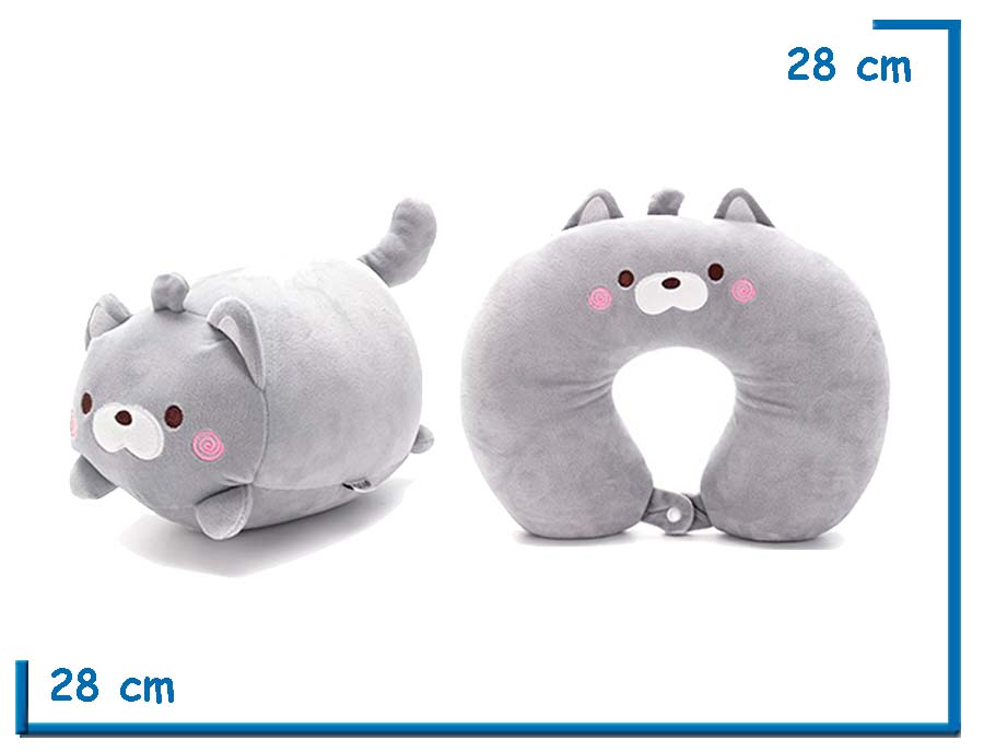 SKORA ALMOHADA DE VIAJE GATO GRIS PELUCHE REVERSIBLE 2 EN 1