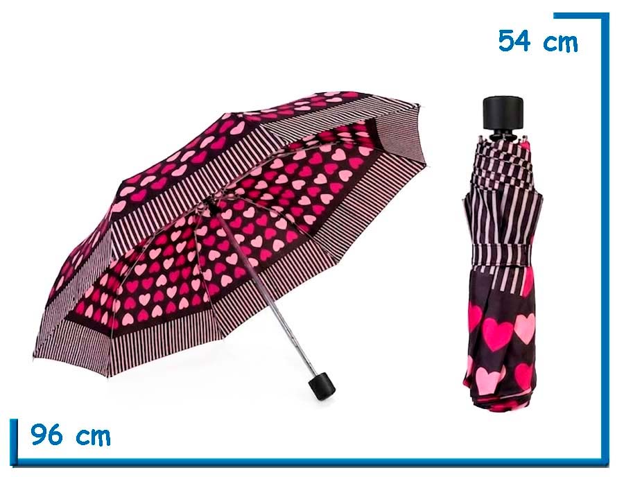 PARAGUAS PLEGABLE CORAZONES ROSA 53CM
