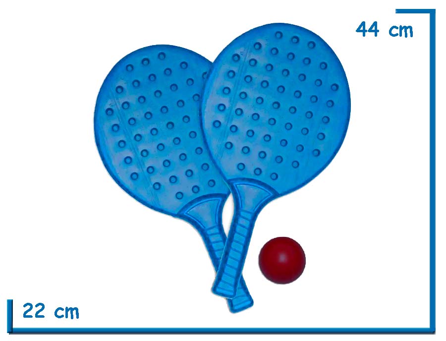 PALETAS PVC CELESTES X2 CON PELOTA DE GOMA EN BOLSA DE RED