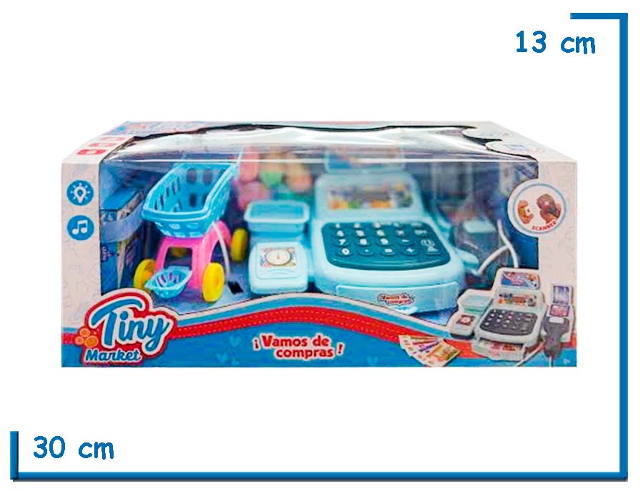 TINY MARKET CAJA REGISTRADORA CELESTE CON CHANGO SCANNER Y TARJETA